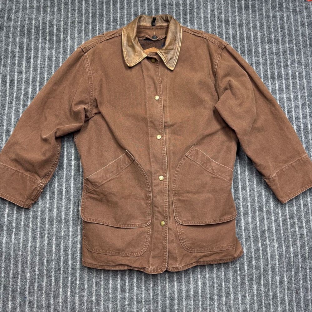 Woolrich Womens Barn Jacket S Brown Canvas Leather Collar Wool Blanket Lined
